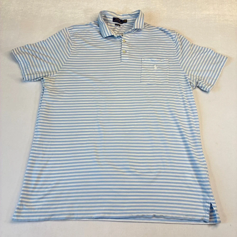 Polo Ralph Lauren Polo Shirt‎ Mens XL Blue White Striped Classic Fit Pocket Pony